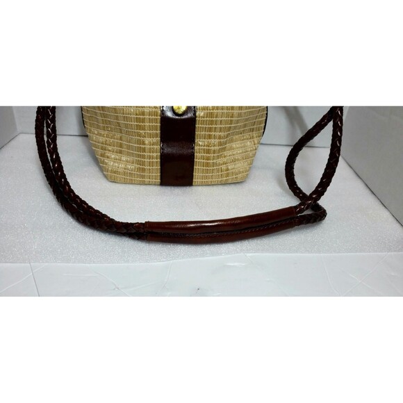 Vintage Kaela Straw Purse Brown Leather Trim Shoulder Bag Unique Closure - Picture 6 of 15